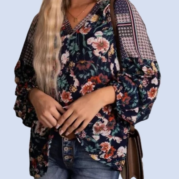 Jodifl Boho Oversized Bubble Sleeved Blue Floral Blouse Top Size S V-Neck Long - Picture 2 of 16